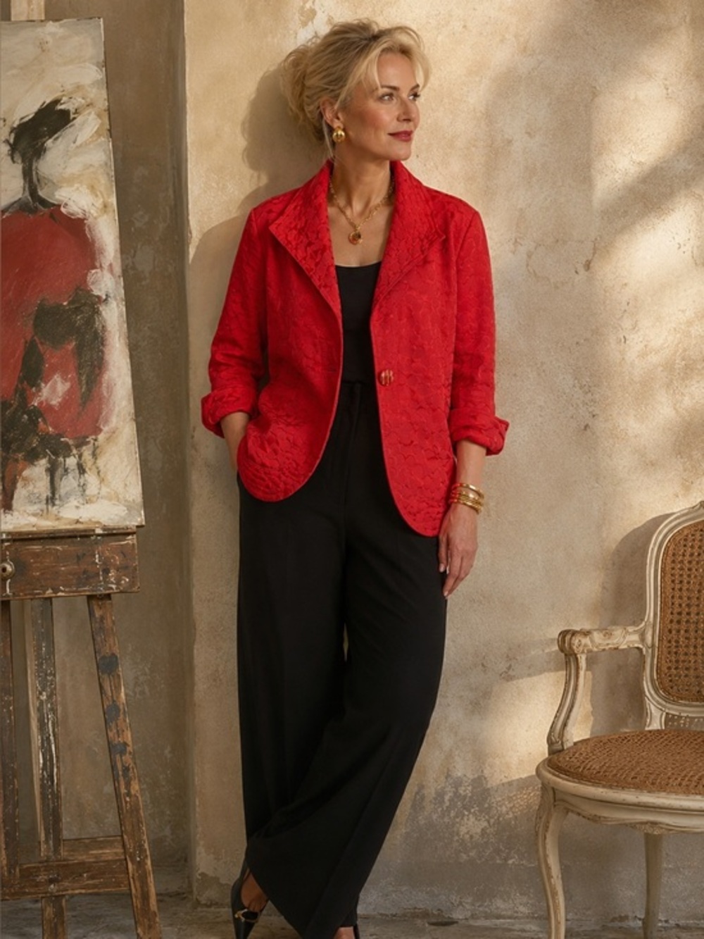 Patchington Red Textured Jacquard S Jacket Blazer Coastal Grandmother